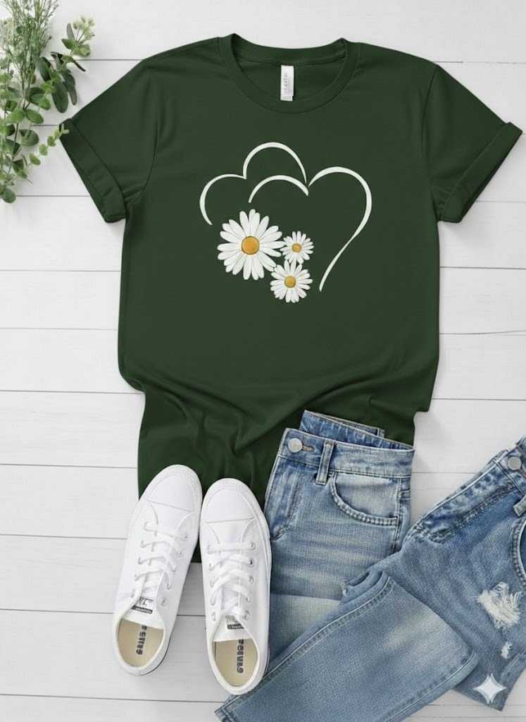 Cute Flower & Heart Printed T-Shirt For Women's